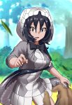  1girl black_hair black_mamba_(kemono_friends) blush commentary_request cowboy_shot grey_eyes grey_hoodie highres hood hood_up hoodie kemono_friends long_sleeves looking_at_viewer nso_mono pleated_skirt pov short_hair skirt snake_tail solo sweatdrop tail two-tone_hoodie white_skirt 