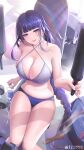  1girl bangs bare_arms bare_shoulders blue_panties blunt_bangs bottle breasts cleavage commentary_request criss-cross_halter feet_out_of_frame genshin_impact halterneck head_tilt highres holding large_breasts long_braid long_hair mole mole_under_eye navel panties pink_lips purple_eyes purple_hair raiden_shogun sitting solo stomach thighs underwear very_long_hair yuxing_yuhang 
