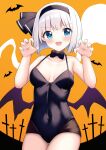  1girl :d alternate_costume bat_(animal) black_leotard blue_eyes bob_cut bow bowtie breasts claw_pose cleavage commentary_request ghost grey_hair halloween halloween_costume highres hitodama konpaku_youmu konpaku_youmu_(ghost) kurokaze leotard looking_at_viewer orange_background short_hair smile solo touhou 