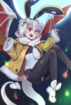  1girl :d animal_ears bangs black_hairband commentary cosplay demon_girl demon_horns demon_tail demon_wings disgaea earmuffs english_commentary fake_animal_ears full_moon fur-trimmed_sleeves fur_trim hair_between_eyes hairband highres hitodama horns jacket lilim_(monster_girl_encyclopedia) long_sleeves maritan_(pixelmaritan) monster_girl_encyclopedia moon open_clothes open_jacket open_mouth original rabbit_ears red_eyes runa_(maritan) scarf smile solo tail usalia_(disgaea) usalia_(disgaea)_(cosplay) white_hair white_scarf wings yellow_jacket 