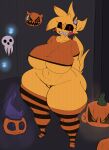  anthro avian beakless big_breasts bird black_sclera bottomless breasts chicken clothed clothing female five_nights_at_freddy&#039;s five_nights_at_freddy&#039;s_2 food fruit galliform gallus_(genus) halloween hi_res holidays huge_breasts huge_hips huge_thighs legwear looking_at_viewer non-mammal_breasts phasianid plant pumpkin red_eyes scottgames sharp_teeth shirt smile solo teeth thick_thighs thigh_highs topwear toy_chica_(fnaf) under_boob video_games wide_hips xytora yellow_body 