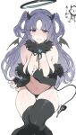  1girl absurdres alternate_costume bat_wings black_bra black_panties black_thighhighs blue_archive blush bra breasts claw_pose demon demon_horns demon_tail detached_sleeves flustered fur fur_trim grimace halloween halloween_costume halo highres horns long_hair looking_at_viewer medium_breasts midriff navel open_mouth panties purple_eyes purple_hair revealing_clothes short_twintails simple_background stomach sweat tail thick_thighs thighhighs thighs twintails underwear urosu_(678_ner) white_background wings yuuka_(blue_archive) 