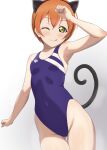  ! 1girl absurdres animal_ears ass_visible_through_thighs blue_one-piece_swimsuit breasts cat_ears cat_tail competition_swimsuit cosplay cowboy_shot gradient gradient_background grey_background happy_birthday highleg highleg_swimsuit highres hoshizora_rin love_live! love_live!_school_idol_project love_live!_sunshine!! one-piece_swimsuit orange_hair short_hair small_breasts solo swimsuit tail thigh_gap tongue tongue_out watanabe_you watanabe_you_(cosplay) white_background yellow_eyes zanpon 