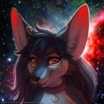  1:1 2021 anthro artist_name big_ears black_hair black_nose bust_portrait canid cheek_tuft choker cosmic_background dated eyelashes facial_tuft fangs female front_view fur glistening glistening_eyes grey_body grey_fur grin hair hi_res jewelry long_hair looking_at_viewer mammal markings mylafox nebula necklace nude portrait red_eyes signature smile solo space space_background star text tuft url whiskers yellow_markings 
