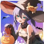  1girl :d alternate_costume aqua_eyes bangs bare_shoulders bat_(animal) black_gloves black_hair black_headwear blush breasts cleavage detached_sleeves doyamona fur_collar genshin_impact gloves hair_between_eyes halloween halloween_bucket halloween_costume hat hat_ornament highres holding long_hair long_sleeves looking_at_viewer mona_(genshin_impact) open_mouth pumpkin_hat_ornament signature small_breasts smile solo tombstone twintails twitter_username witch_hat 