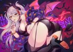  1girl ass azur_lane bangs bare_shoulders bat_(animal) black_footwear boots bracelet breasts choker commentary demon_horns demon_tail floating_hair from_behind garter_straps hair_between_eyes halloween happy_halloween high_heel_boots high_heels highres horns jacket jewelry large_breasts long_hair long_sleeves looking_at_viewer mimiko_(fuji_310) multicolored_hair nail_polish open_clothes open_jacket parted_bangs partially_visible_vulva prinz_eugen_(azur_lane) red_nails solo streaked_hair tail thigh_boots two_side_up 