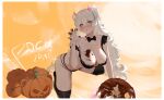  1girl animal_ears areola_slip arknights bear_ears bear_tail black_bow black_bowtie black_bra black_pantyhose black_thighhighs blue_eyes blush bow bowtie bra breasts cake chocolate chocolate_on_body chocolate_on_breasts chocolate_on_hand cleavage demon_horns facial_tattoo food food_on_body food_on_hand hair_between_eyes halloween heart heart_tattoo heterochromia highres horns jack-o&#039;-lantern kneeling large_breasts lips long_hair multicolored_hair pantyhose pumpkin red_eyes rosa_(arknights) sawaki_ken solo spread_legs streaked_hair tail tattoo thighhighs thighs underwear very_long_hair wavy_hair white_hair 