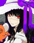  1girl 1other :3 bangs bare_shoulders black_hair chainsaw chainsaw_man choker collar cross_scar dizzy_(feeling) frilled_choker frilled_sleeves frills hat long_hair looking_at_viewer pochita_(chainsaw_man) purple_background purple_ribbon purple_theme red_eyes ribbon ringed_eyes sailen0 scar scar_on_cheek scar_on_face simple_background smile solo_focus squiggle strapless sun_hat yoru_(chainsaw_man) 