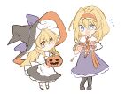  2girls absurdres alice_margatroid blonde_hair blue_eyes blush boots candy chibi dress flying_sweatdrops food fuko_(fukkofuko) hairband halloween hat highres jack-o&#039;-lantern kirisame_marisa multiple_girls pumpkin touhou witch_hat yellow_eyes 