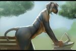 anthro bench breasts canid canine canis dobermann domestic_dog drinking_fountain ear_piercing ear_ring female floppy_ears grey_hair hair leaning leaning_forward looking_at_viewer mammal nude outside piercing pinscher plant ring_piercing shintori side_view smile solo thick_thighs tree water 