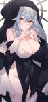  1girl arknights bangs black_dress blush breasts chunta cleavage cowboy_shot dress grey_hair groin habit halo highres large_breasts long_hair long_sleeves looking_at_viewer no_panties nun off-shoulder_dress off_shoulder own_hands_clasped own_hands_together parted_lips pelvic_curtain red_eyes simple_background smile solo specter_(arknights) veil white_background 