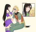  1boy 1girl absurdres bare_shoulders black_hair blonde_hair blush breasts cape cloud_strife cosplay couple dc_comics eye_mask final_fantasy final_fantasy_vii final_fantasy_vii_remake gloves halloween_costume hands_on_another&#039;s_face hands_on_another&#039;s_thighs highres katsuartsu long_hair looking_at_another low-tied_long_hair purple_skirt red_eyes red_lips robin_(dc) robin_(dc)_(cosplay) sitting skirt spiked_hair starfire starfire_(cosplay) teen_titans tifa_lockhart very_long_hair 