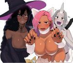 animal_ears bangs blush breasts broccoli_(ohasi) cat_ears cat_girl cat_tail cleavage dark-skinned_female dark_skin dildo english_text halloween_costume hat horns large_breasts long_hair looking_at_viewer multiple_girls ohasi oni_(ohasi) oni_horns open_mouth original pink_(ohasi) pink_hair plump pointy_ears sex_toy short_hair simple_background single_horn sweat tail white_background witch witch_hat 