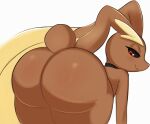  2022 ambiguous_gender anthro arteficialtrees bent_over big_butt big_ears black_sclera blush brown_body brown_fur butt butt_focus collar collar_only colored_sketch eyelashes fur generation_4_pokemon glistening glistening_butt half-closed_eyes hi_res long_ears looking_at_butt looking_back lopunny narrowed_eyes nintendo nude pink_nose pokemon pokemon_(species) rear_view red_eyes shaded simple_background sketch smile solo tan_body tan_fur thick_thighs video_games white_background 