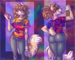  5_fingers anthro big_butt brown_hair butt canid canine canis clothing dimmi_(character) dimwitdog domestic_dog female fingers fur hair hi_res lidded_eyes mammal multicolored_body multicolored_fur pink_nose shirt smile smirk solo t-shirt tan_body tan_fur tongue tongue_out topwear two_tone_body two_tone_fur white_body white_fur yellow_eyes 
