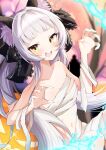  1girl :d animal_ears bandaged_chest bandages bare_shoulders bow breasts cat_ears claw_pose eat_some_cookie frills grey_hair hair_bow halloween highres hololive long_hair midriff murasaki_shion navel open_mouth pumpkin small_breasts smile stomach very_long_hair virtual_youtuber yellow_eyes 