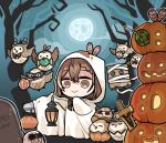  1girl 6+others :&gt; :d ahoge animal_(nanashi_mumei) bandages bangs bare_tree bird boomei_(nanashi_mumei) braid braided_bangs brown_eyes brown_hair candy clipe closed_eyes dagger fake_antennae food friend_(nanashi_mumei) full_moon ghost_costume halloween halloween_bucket halloween_costume hat hololive hololive_english hooman_(nanashi_mumei) hootsie_(nanashi_mumei) jack-o&#039;-lantern knife lantern lollipop mask moon multicolored_hair multiple_others nanashi_mumei nanashi_mumei&#039;s_horror_painting owl short_hair sky smile star_(sky) starry_sky streaked_hair tree virtual_youtuber weapon witch_hat 