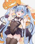  absurdres alternate_costume alternate_hairstyle animal_ears azur_lane blue_eyes blue_hair blush breasts cat_ears commentary_request fake_animal_ears halloween halloween_costume highres jack-o&#039;-lantern janus_(azur_lane) long_hair looking_at_viewer lyvysn navel open_mouth simple_background small_breasts tail thighhighs twintails 