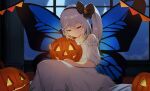 1girl bow butterfly_wings closed_eyes closed_mouth commentary diagonal-striped_bow genshin_impact hair_bow halloween highres jack-o&#039;-lantern muri_(butter210330) nahida_(genshin_impact) puffy_short_sleeves puffy_sleeves pumpkin short_sleeves side_ponytail smile solo white_hair wings 