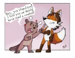  angry athy beaver brown_body buckteeth canid canine dialogue digital_media_(artwork) duo el_senor_erizo english_text eyelashes female fox gesture holding_object male male/female mammal maple_(el_senor_erizo) pointing pregnancy_test rodent simple_background teeth text 