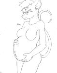  2017 anthro belly big_belly breasts eyewear eyewear_only featureless_breasts female fur glasses glasses_only hair half-closed_eyes hand_on_stomach hands_on_stomach hi_res jimfoxx looking_down looking_down_at_self looking_down_at_stomach mammal mouse mouth_closed murid murine narrowed_eyes navel nude outie_navel pregnant pregnant_female raised_tail rodent signature smile solo standing 