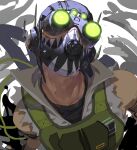  1boy apex_legends arm_strap arm_tattoo black_headwear black_shirt cable cropped_vest glowing goggles green_vest head_tilt highres kawaniwa looking_at_viewer male_focus mask mole mole_on_neck mouth_mask octane_(apex_legends) portrait shirt solo tattoo unfinished vest weapon weapon_on_back 