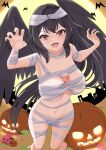  1girl absurdres bandages bat_(animal) bird_wings black_hair black_wings breasts candy feet_out_of_frame food halloween highres jack-o&#039;-lantern large_breasts lollipop long_hair looking_at_viewer mummy mummy_costume naked_bandage navel o1118 open_mouth red_eyes reiuji_utsuho solo standing third_eye touhou wings 