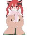  1girl absurdres animal_ears blush braid cat_ears highres kaenbyou_rin kashiwara_mana light_smile looking_at_viewer red_eyes red_hair scarf simple_background solo touhou twin_braids white_background winter_clothes 
