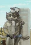  anthro beach canid canine duo exhibitionism frottage hi_res humanoid_genitalia male male/male mammal seaside sex showers tattoo wolfyalex96 