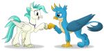  2018 avian blue_body blue_eyes blue_feathers blur_fur blush closed_smile digital_drawing_(artwork) digital_media_(artwork) duo european_mythology eye_contact feathered_wings feathers feral fingers fist_bump fistbu friendship_is_magic gallus_(mlp) gesture greek_mythology gryphon guide_lines hasbro hi_res hippogriff hooves jewelry littlehybridshila looking_at_another male my_little_pony mythological_avian mythology necklace open_mouth open_smile paws quadruped shadow signature simple_background smile tail_tuft teal_eyes terramar_(mlp) tuft white_background white_body white_feathers wings 