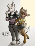  &lt;3 anthro antlers bottomwear canid canine canis cervid ceryne ceryne_(artist) clothed clothing collar crop_top duo ear_piercing embrace girly hi_res hooves horn hotpants hug male male/male mammal maziik paws piercing shirt shorts sweatpants topwear wolf 