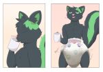  absurd_res anthro beverage big_diaper black_body black_fur coffee diaper extremius_amphibious feces fur green_body green_fur hi_res male mammal mephitid messing messy messy_diaper relieved skunk soiling solo sound_effects two_panel_image 