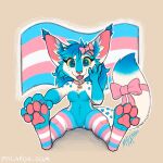  1:1 2021 anthro blue_body blue_clothing blue_eyes blue_fur blue_hair blue_legwear breasts clothing featureless_breasts featureless_crotch felid female flag front_view fur glistening glistening_eyes hair hand_on_face happy hi_res legwear looking_at_viewer mammal markings mostly_nude mylafox open_mouth open_smile pattern_clothing pattern_legwear pawpads pink_clothing pink_legwear pink_pawpads signature simple_background sitting smile solo spots spotted_body spotted_fur spotted_markings spotted_tail spread_legs spreading striped_clothing striped_legwear stripes tail_markings text url white_body white_clothing white_fur white_legwear yellow_sclera 