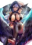  1girl absurdres angel angel_wings arm_above_head arm_up bangs blue_eyes blue_hair breasts choker cleavage feathered_wings hair_intakes highres hololive hololive_english huge_breasts looking_at_viewer ouro_kronii revealing_clothes revision short_hair solo thighhighs virtual_youtuber vyragami wings 