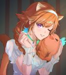  1girl absurdres animal_ears bird braid cat_ears cat_girl cat_tail chata_art_008 hairband highres hololive hololive_english kemonomimi_mode kotori_(takanashi_kiara) long_hair one_eye_closed orange_hair puffy_short_sleeves puffy_sleeves purple_eyes shirt short_sleeves solo_focus tail takanashi_kiara twin_braids virtual_youtuber white_hairband white_shirt 