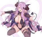  1girl :d black_thighhighs breasts cleavage demon_tail detached_sleeves fang fingernails granblue_fantasy hair_over_one_eye halloween_costume highres horns large_breasts long_fingernails long_hair looking_at_viewer narmaya_(granblue_fantasy) navel open_mouth purple_eyes purple_hair purple_nails seiza simple_background sitting smile solo tail thigh_strap thighhighs u_jie very_long_hair white_background 