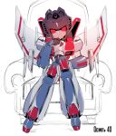  1boy absurdres azuredawn40 bishounen chair decepticon glowing glowing_eyes highres looking_at_viewer male_focus mecha no_humans red_eyes robot science_fiction sitting smile solo starscream throne transformers 