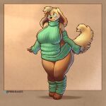  anthro arm_warmers armwear backless_topwear big_breasts bottomless breasts canid canine canis clothed clothing domestic_dog eyewear female glasses hi_res leg_warmers leggings legwear mammal pebblemakes solo sweatclothes sweater topwear turtleneck 