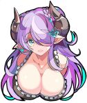  1girl bangs bare_shoulders bikini breast_focus breasts cleavage draph enpe granblue_fantasy green_eyes hair_between_eyes hair_ornament hair_over_one_eye hairclip horns lace lace-trimmed_bikini lace_trim large_breasts long_hair looking_at_viewer narmaya_(granblue_fantasy) open_mouth pointy_ears purple_hair swimsuit 