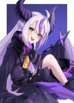  1girl absurdres ahoge ankle_cuffs ascot black_coat black_horns braid braided_bangs chata_art_008 coat collar cuffs demon_girl demon_horns grey_hair highres hololive horns la+_darknesss long_hair looking_at_viewer multicolored_hair open_mouth pantyhose pointy_ears purple_hair purple_horns purple_pantyhose single_leg_pantyhose sleeves_past_fingers sleeves_past_wrists slit_pupils solo streaked_hair striped_horns tail tongue tongue_out trench_coat very_long_hair virtual_youtuber yellow_ascot yellow_eyes 