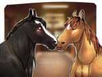  ambiguous_gender black_body black_hair black_mane blush clyde_(wasen) delota digital_media_(artwork) duo equid equine eyes_closed facial_markings feral hair head_markings horse kissing looking_at_another mammal mane markings open_mouth pearl_(wasen) tan_body tan_hair tongue tongue_out 