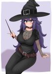  1girl @_@ absurdres ahoge black_dress blush breasts choker cleavage collarbone dress hair_between_eyes halloween halloween_costume hands_up hat hex_maniac_(pokemon) highres holding holding_wand huge_breasts large_breasts long_hair looking_at_viewer pokemon pokemon_(game) pokemon_xy purple_eyes purple_hair sitting smile solo spider_web_print the_only_shoe wand witch_hat 