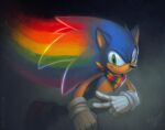  2021 anthro black_nose blue_body dated eulipotyphlan featureless_crotch fur glistening glistening_eyes green_eyes grin hedgehog kerchief male mammal mostly_nude multicolored_kerchief mylafox orange_body orange_fur rainbow rainbow_kerchief rainbow_neckerchief sega signature simple_background smile solo sonic_the_hedgehog sonic_the_hedgehog_(series) text url 