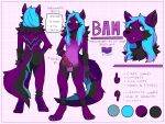  anthro bam blue_eyes blue_hair canid canine canis fur genitals girly hair hi_res long_hair male mammal model_sheet mortsy penis purple_body purple_fur solo wolf 