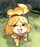  all_fours animal_crossing anthro blonde_hair blush blush_stickers canid canine canis domestic_dog female fur hair isabelle_(animal_crossing) looking_at_viewer mammal nintendo open_mouth open_smile shih_tzu smile solo tail_motion tailwag toy_dog unknown_artist video_games yellow_body yellow_fur 