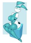  2022 absurd_res blue_body breasts clothing eyebrows eyes_closed female footwear hi_res high_heels jenny_wakeman machine my_life_as_a_teenage_robot nickelodeon not_furry robot sitting solo white_body zetaskully 
