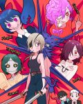  2boys 5girls adashinosekka belt black_eyes black_hair black_necktie black_sclera black_tank_top blush bow breasts brown_belt chainsaw_man character_name cigarette cleavage closed_mouth collared_shirt colored_sclera cosmo_(chainsaw_man) crossbow_devil_(chainsaw_man) cuffs dangling_eye dual_wielding ear_piercing exposed_brain eyepatch futakuchi-onna green_hair hair_bow hair_over_one_eye handcuffs heart heart-shaped_pupils highres holding holding_sword holding_weapon horns index_finger_raised kishibe_(chainsaw_man) laughing light_brown_hair long_(chainsaw_man) mole mole_under_mouth multiple_boys multiple_girls necktie octopus_devil_(chainsaw_man) open_mouth piercing pingtsi_(chainsaw_man) pink_hair ponytail purple_eyes quanxi_(chainsaw_man) red_bow red_eyes red_horns scar scar_on_cheek scar_on_face shirt sleeves_past_fingers sleeves_past_wrists smile stitched_face stitched_mouth stitches sweater sword symbol-shaped_pupils tank_top tsugihagi_(chainsaw_man) weapon white_hair yellow_eyes yoshida_hirofumi 