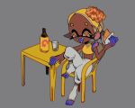  +_+ 1girl arrow_(symbol) asymmetrical_hair bare_shoulders blonde_hair bottle caffstrink colored_eyelashes commentary covered_collarbone coxinha_(food) crop_top cup dark-skinned_female dark_skin drink drinking_glass fangs flat_color food frye_(splatoon) full_body grey_background hair_tie half-closed_eyes hand_up happy holding holding_food knee_up looking_at_viewer medium_hair midriff navel object_on_head on_chair open_mouth orange_pupils pants pointy_ears puffy_pants shirt simple_background sitting sketch sleeveless sleeveless_shirt smile socks solo splatoon_(series) splatoon_3 stomach symbol-only_commentary table tentacle_hair tentacles toeless_legwear white_pants white_socks yellow_eyes yellow_shirt 