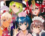  5girls ahoge alternate_costume bat_(animal) black_hair blonde_hair blue_eyes blue_hair braid braided_bangs broom brown_hair ceres_fauna china_dress chinese_clothes commentary crescent_moon dark-skinned_female dark_skin demon demon_horns dress earrings fangs ghost green_hair grin hair_intakes hair_ornament hakos_baelz halloween_costume happy_halloween hat highres holocouncil hololive hololive_english horns iris_(tb33064667) jack-o'-lantern jewelry jiangshi_costume light_brown_hair long_hair looking_at_viewer maid maid_headdress mole mole_under_eye moon mouse_girl mousetrap multicolored_hair multiple_girls nanashi_mumei nurse nurse_cap ouro_kronii planet_hair_ornament ponytail qingdai_guanmao red_hair short_hair skull_earrings sleeves_past_fingers sleeves_past_wrists smile streaked_hair symbol-only_commentary syringe talisman tongue tongue_out tsukumo_sana twintails very_long_hair virtual_youtuber white_hair witch_hat yellow_eyes 