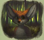  2021 anthro artist_name black_nose bust_portrait canid canine cheek_tuft closed_smile dated facial_tuft fennec forest fox front_view fur glistening glistening_eyes grass green_eyes hair male mammal mouth_closed mylafox nude orange_body orange_fur orange_hair outside plant portrait short_hair signature solo text tree tuft url white_body white_fur 